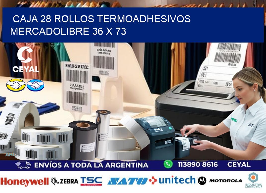 CAJA 28 ROLLOS TERMOADHESIVOS MERCADOLIBRE 36 x 73