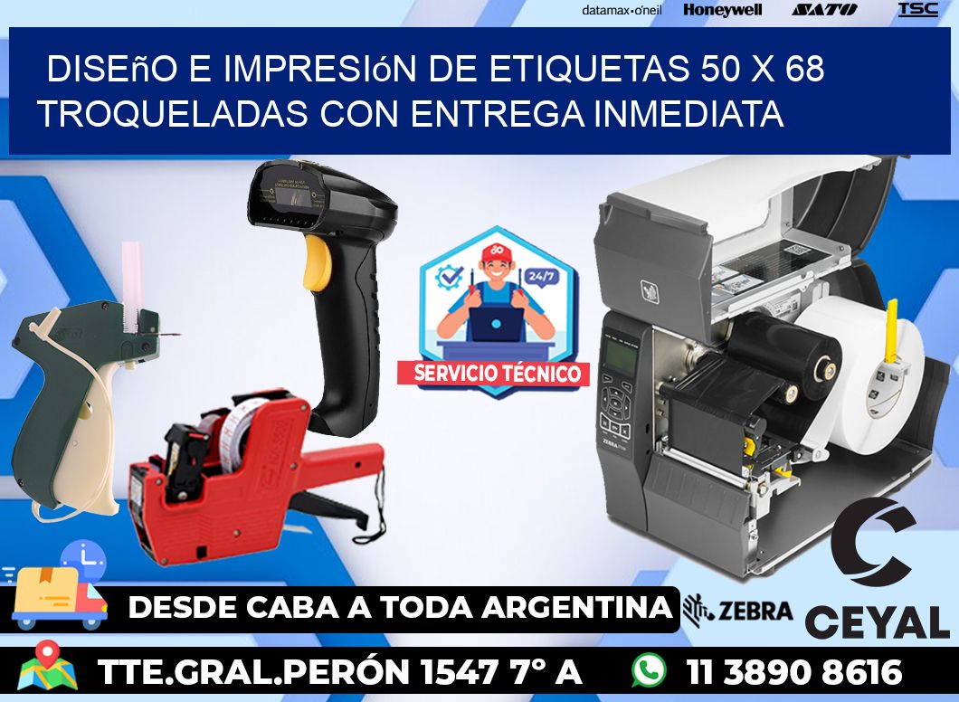Diseño e impresión de etiquetas 50 x 68 troqueladas con entrega inmediata