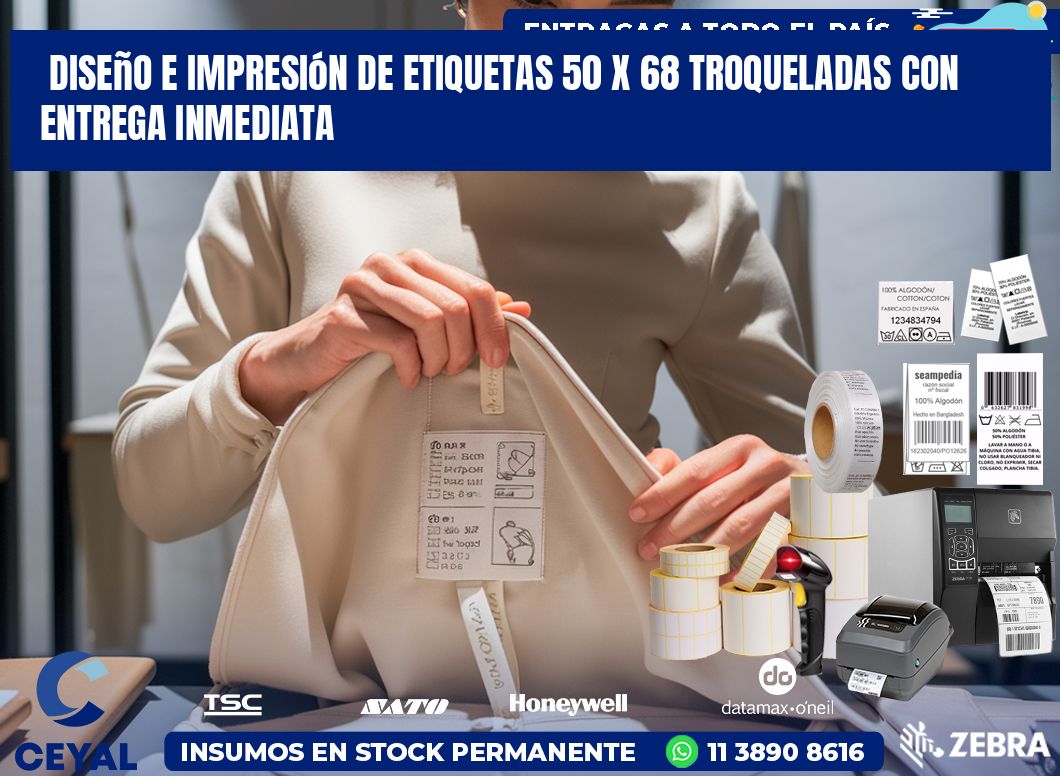 Diseño e impresión de etiquetas 50 x 68 troqueladas con entrega inmediata