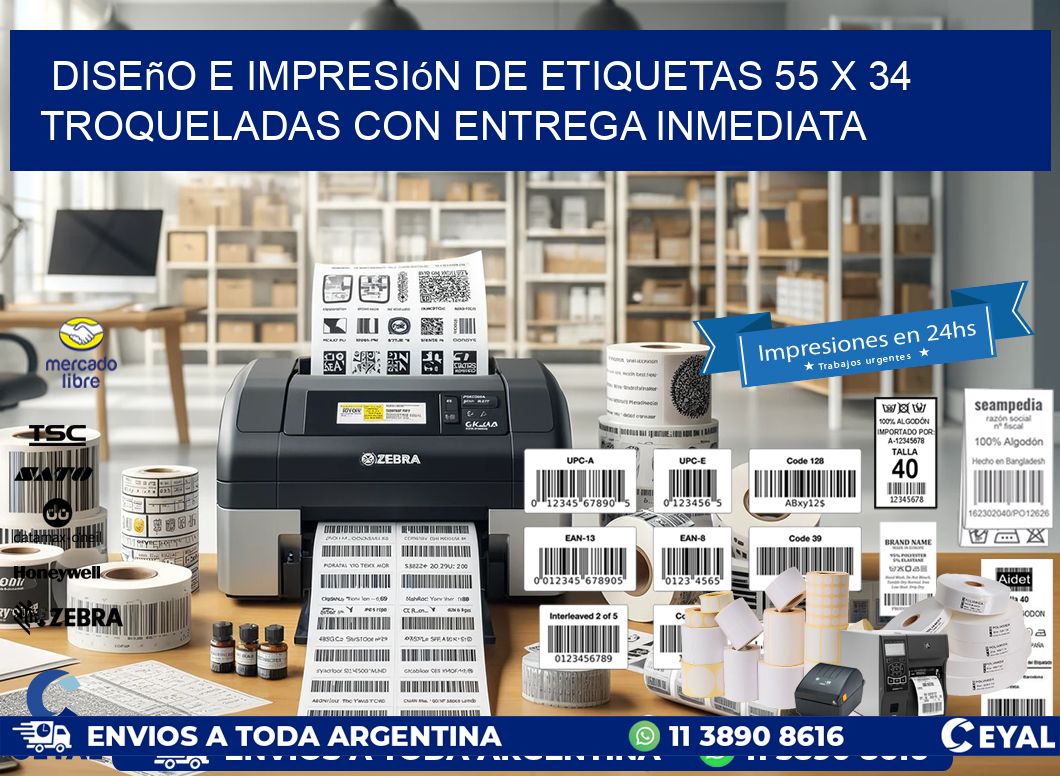 Diseño e impresión de etiquetas 55 x 34 troqueladas con entrega inmediata