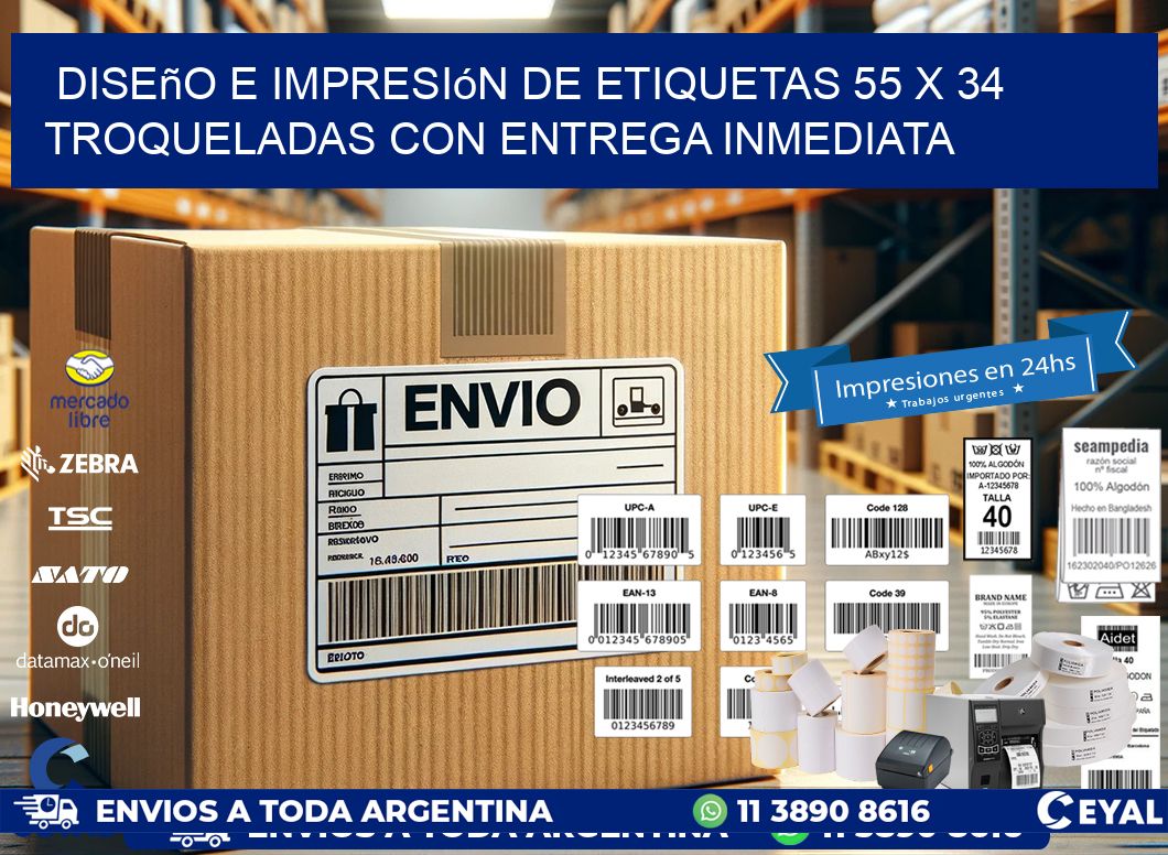 Diseño e impresión de etiquetas 55 x 34 troqueladas con entrega inmediata