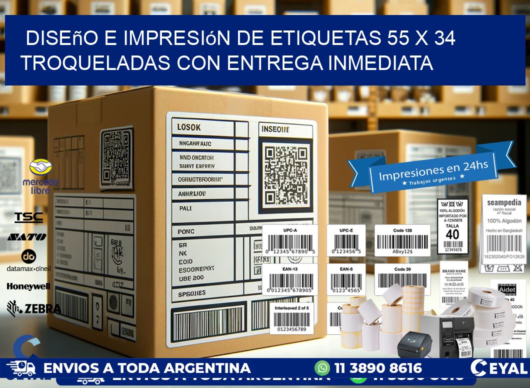 Diseño e impresión de etiquetas 55 x 34 troqueladas con entrega inmediata