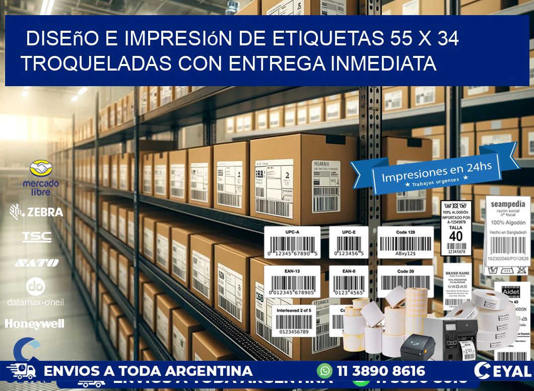 Diseño e impresión de etiquetas 55 x 34 troqueladas con entrega inmediata