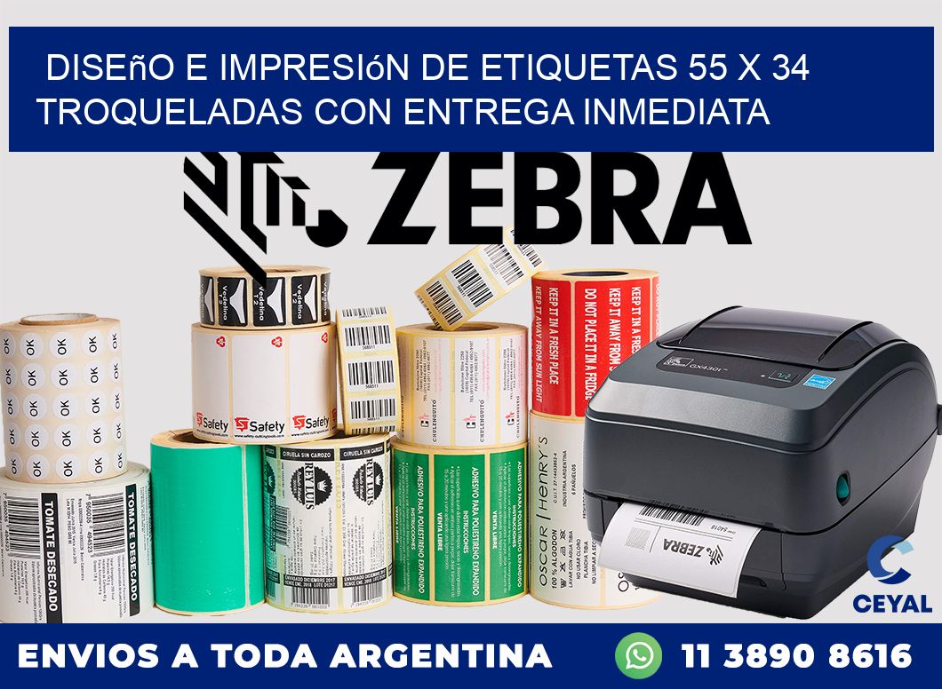 Diseño e impresión de etiquetas 55 x 34 troqueladas con entrega inmediata