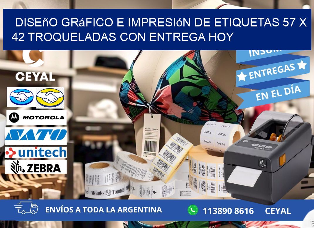 Diseño gráfico e impresión de etiquetas 57 x 42 troqueladas con entrega hoy