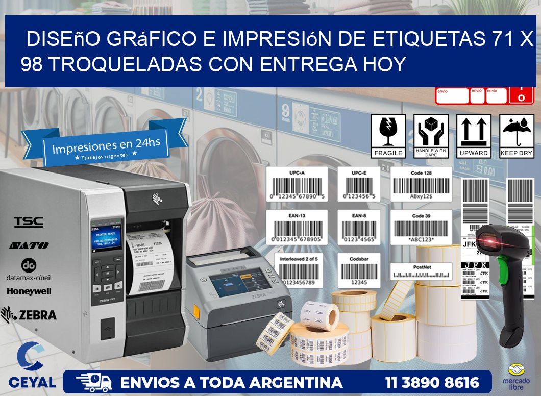 Diseño gráfico e impresión de etiquetas 71 x 98 troqueladas con entrega hoy