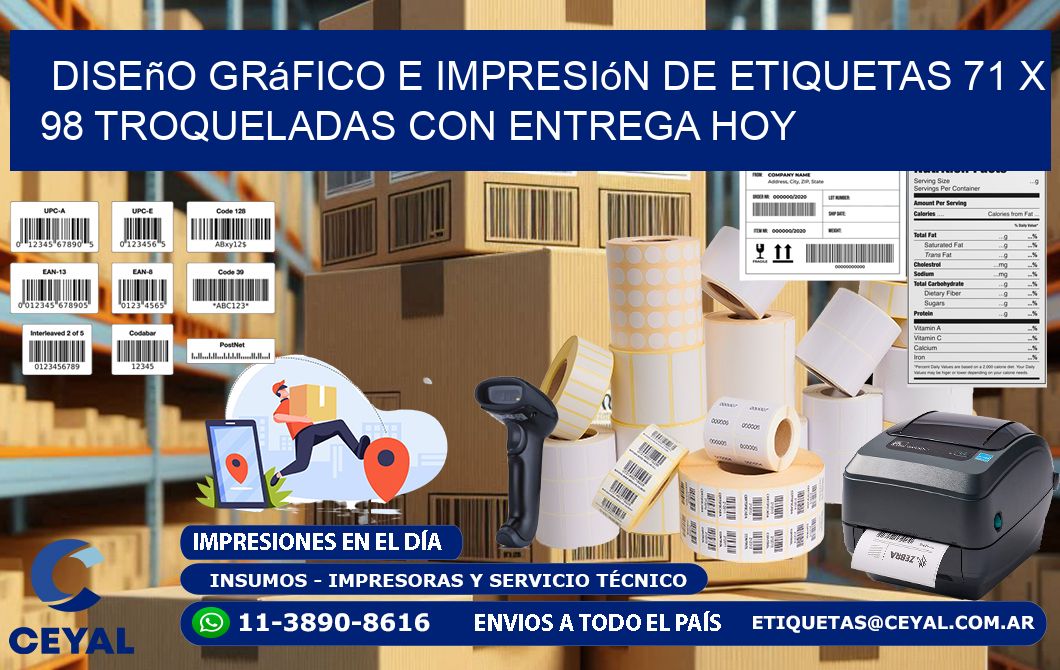 Diseño gráfico e impresión de etiquetas 71 x 98 troqueladas con entrega hoy
