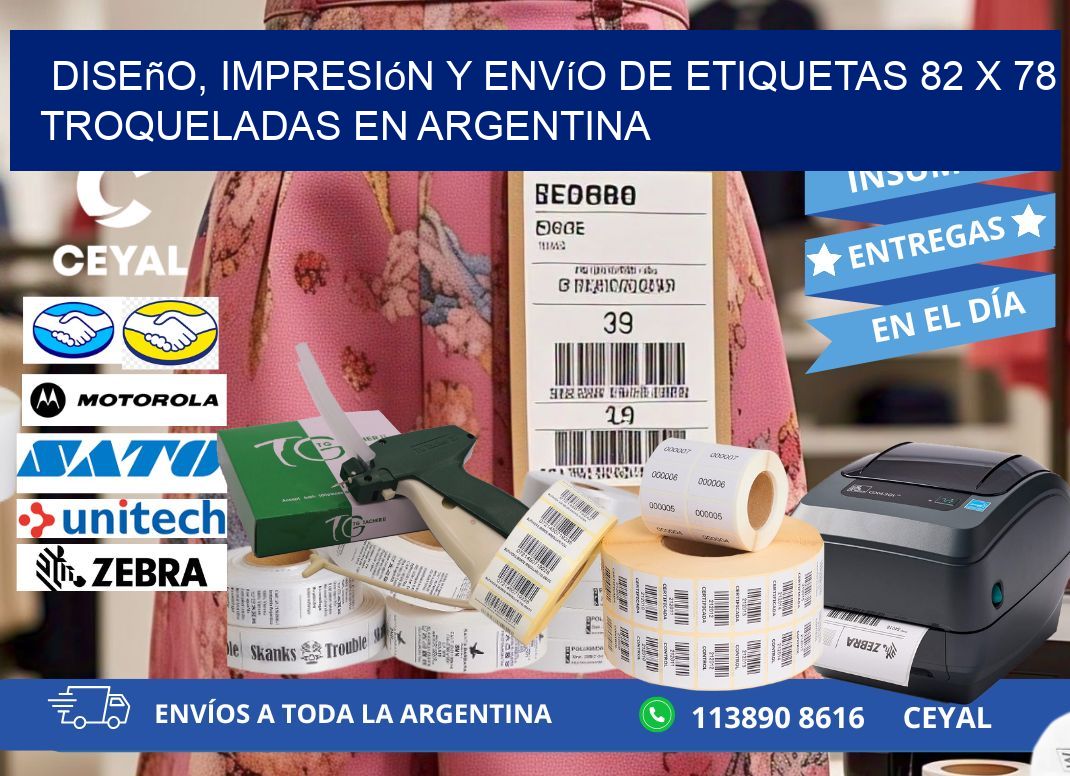 Diseño, impresión y envío de etiquetas 82 x 78 troqueladas en Argentina