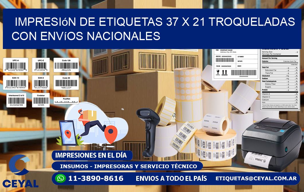 Impresión de etiquetas 37 x 21 troqueladas con envíos nacionales