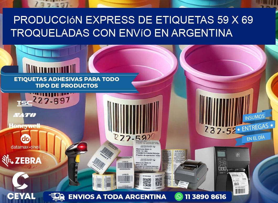 Producción express de etiquetas 59 x 69 troqueladas con envío en Argentina