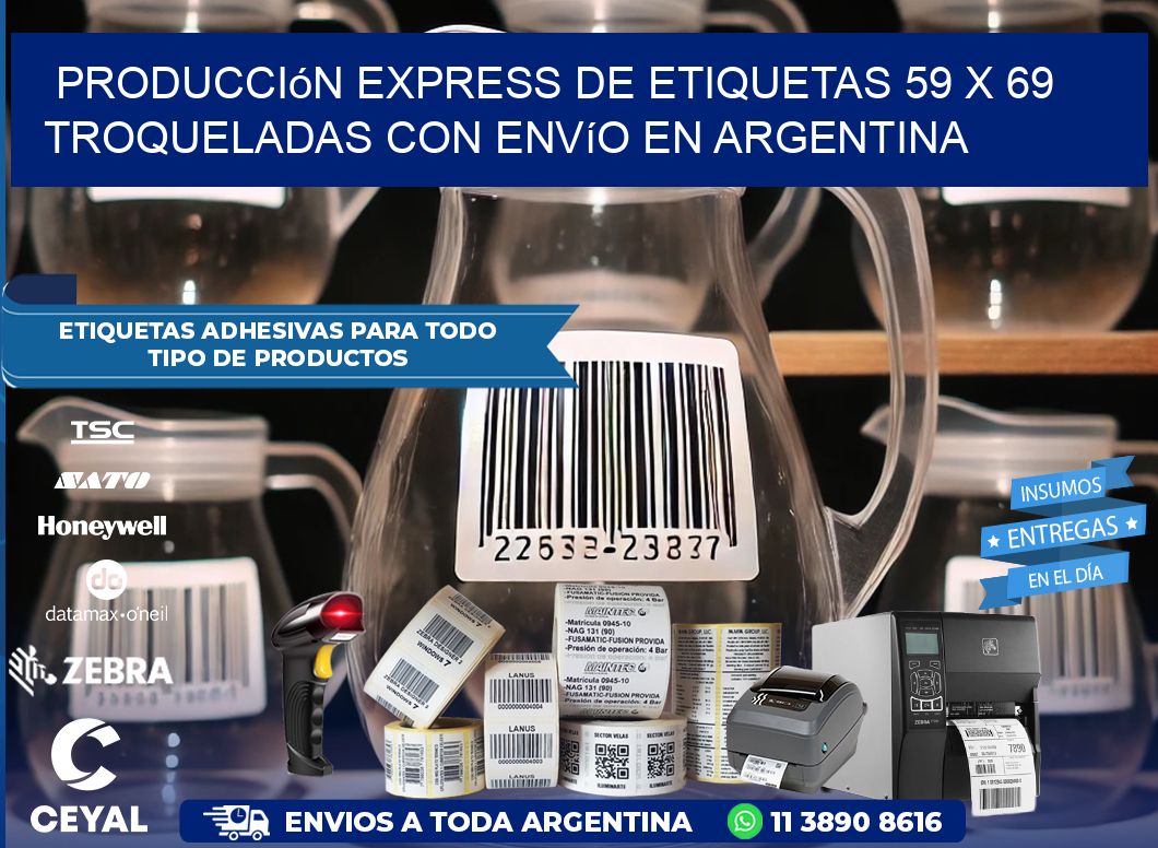 Producción express de etiquetas 59 x 69 troqueladas con envío en Argentina