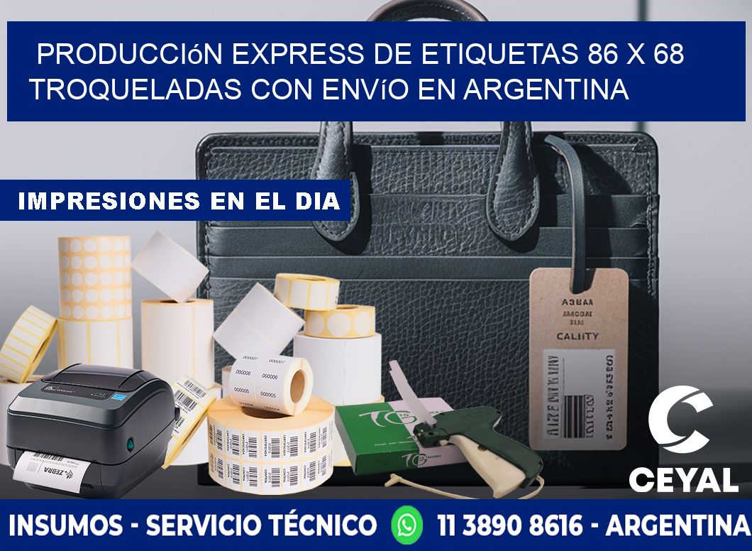 Producción express de etiquetas 86 x 68 troqueladas con envío en Argentina