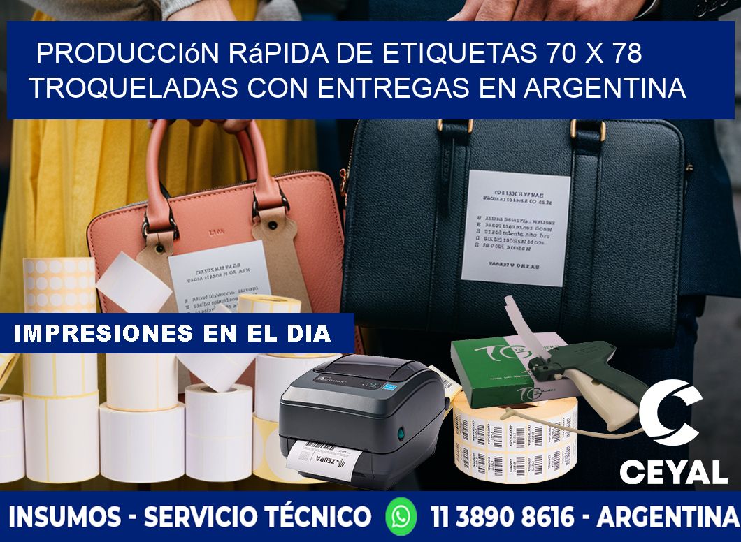 Producción rápida de etiquetas 70 x 78 troqueladas con entregas en Argentina