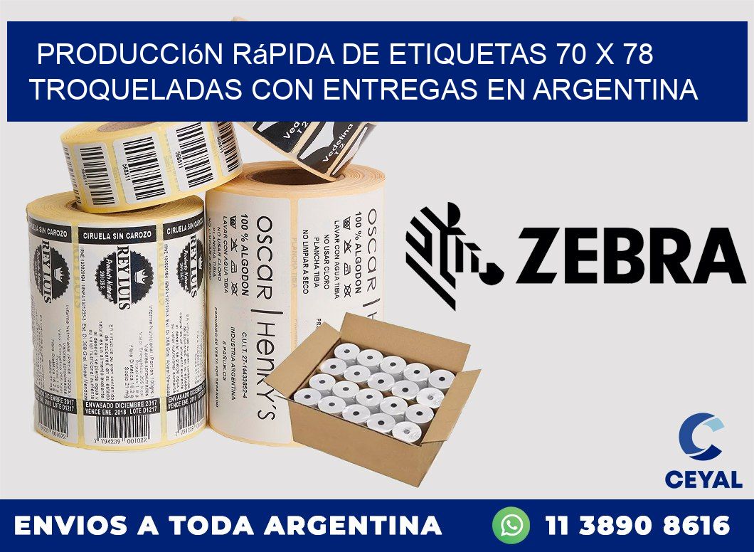 Producción rápida de etiquetas 70 x 78 troqueladas con entregas en Argentina