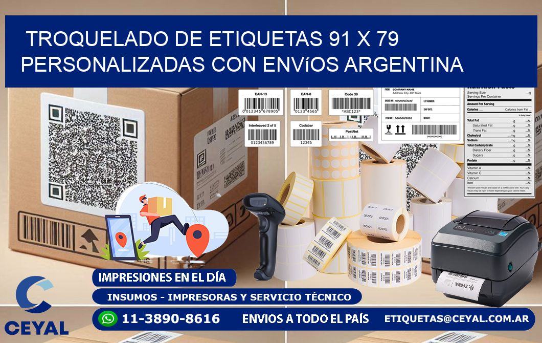 Troquelado de etiquetas 91 x 79 personalizadas con envíos Argentina