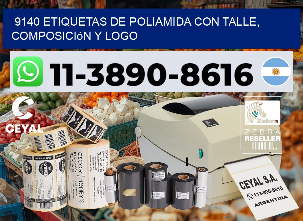 9140 Etiquetas de poliamida con talle, composición y logo
