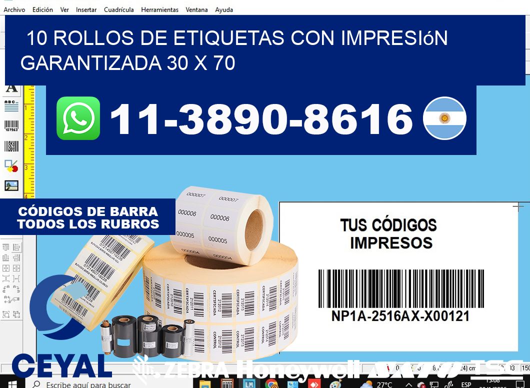 10 rollos de etiquetas con impresión garantizada 30 x 70