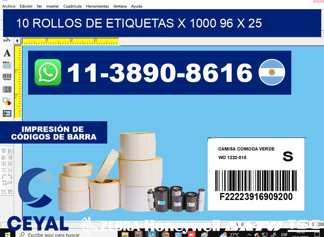 10 rollos de etiquetas x 1000 96 x 25