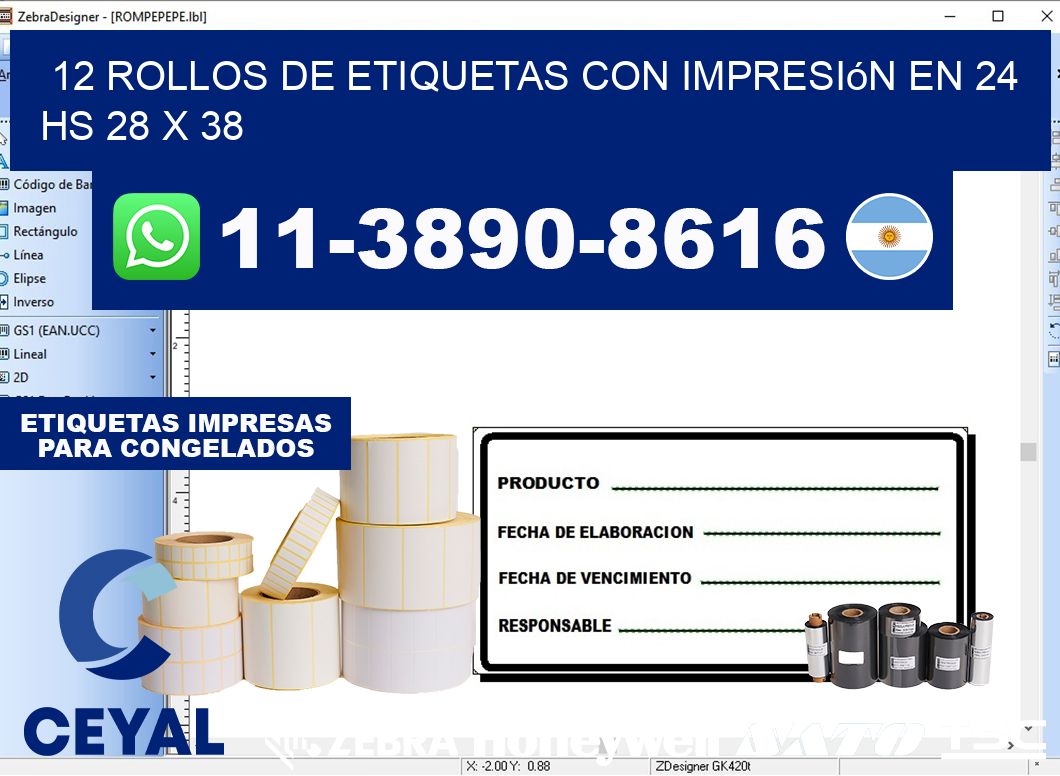 12 rollos de etiquetas con impresión en 24 hs 28 x 38