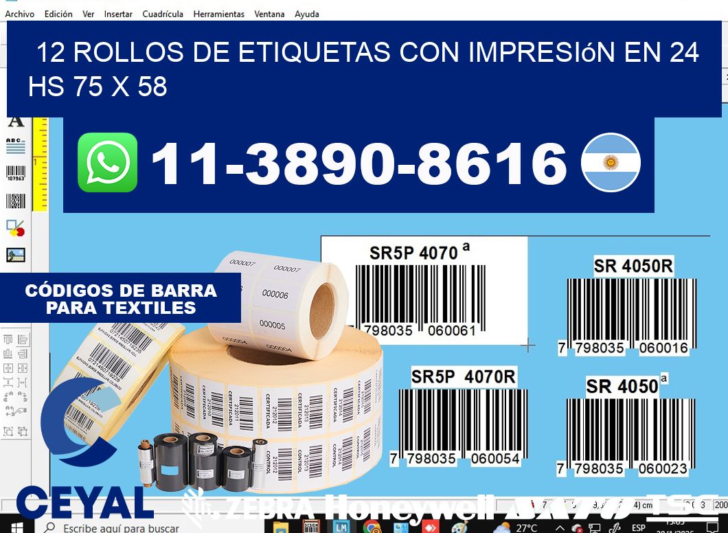12 rollos de etiquetas con impresión en 24 hs 75 x 58