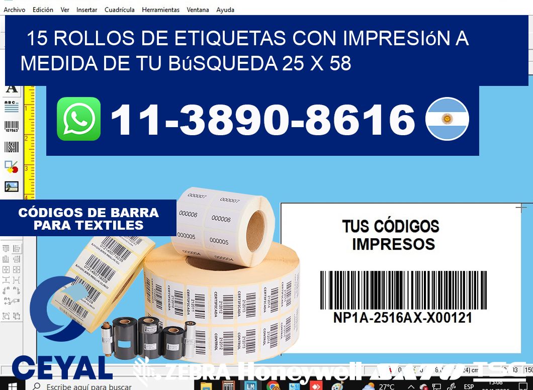 15 rollos de etiquetas con impresión a medida de tu búsqueda 25 x 58