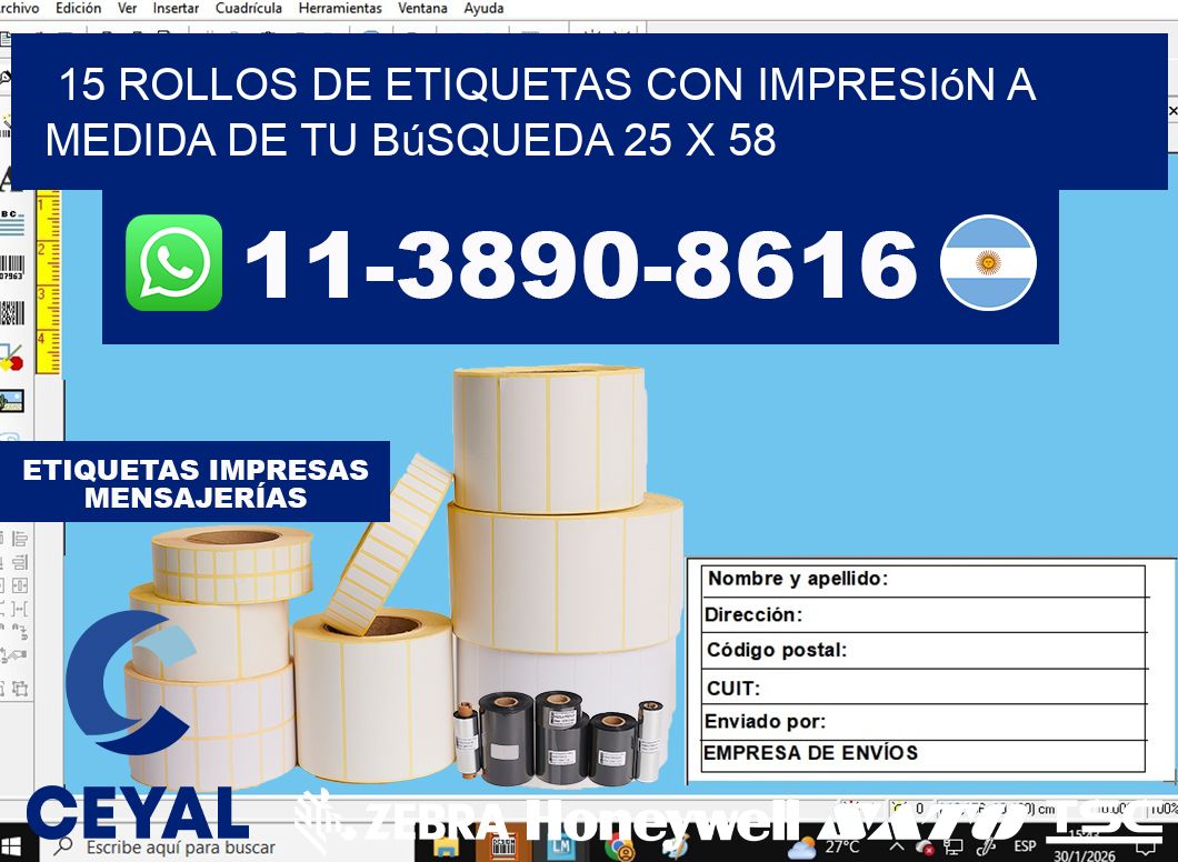15 rollos de etiquetas con impresión a medida de tu búsqueda 25 x 58
