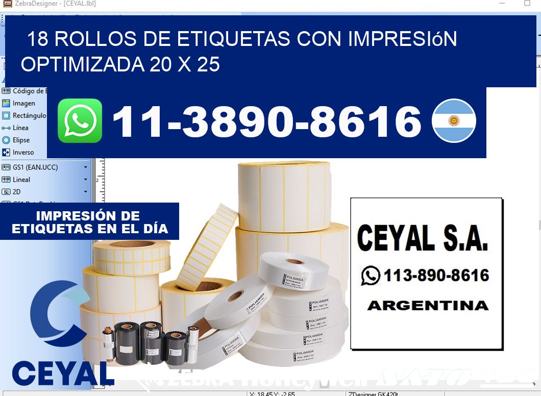 18 rollos de etiquetas con impresión optimizada 20 x 25
