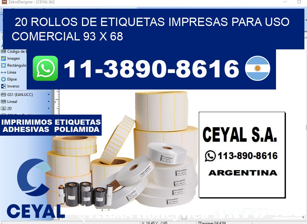 20 rollos de etiquetas impresas para uso comercial 93 x 68