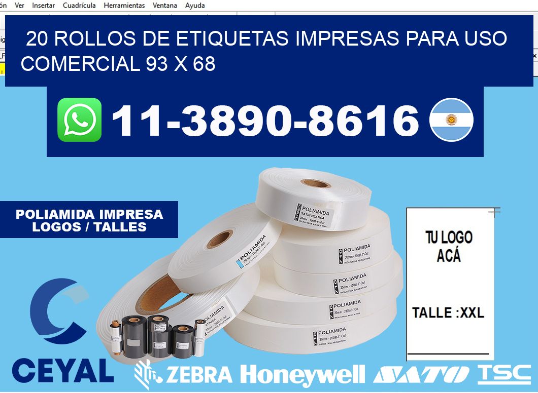20 rollos de etiquetas impresas para uso comercial 93 x 68