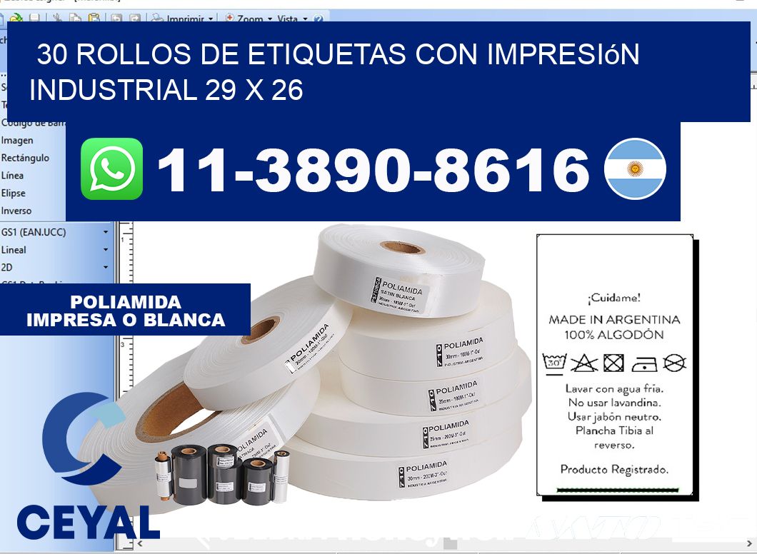 30 rollos de etiquetas con impresión industrial 29 x 26