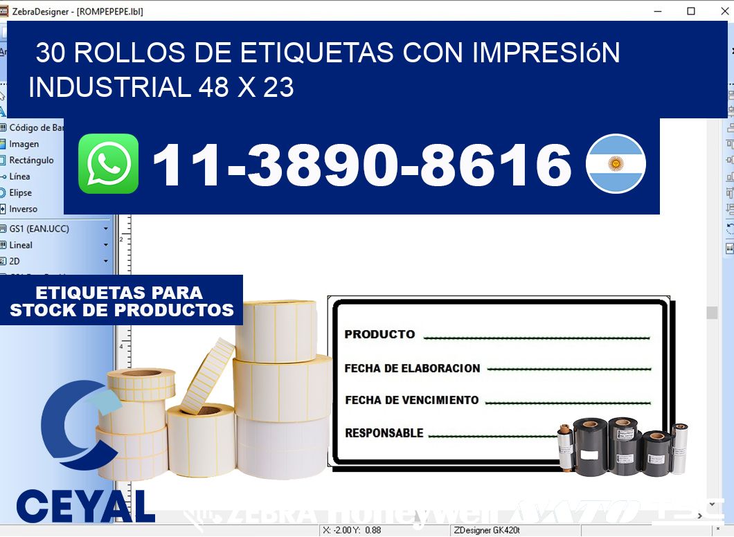 30 rollos de etiquetas con impresión industrial 48 x 23