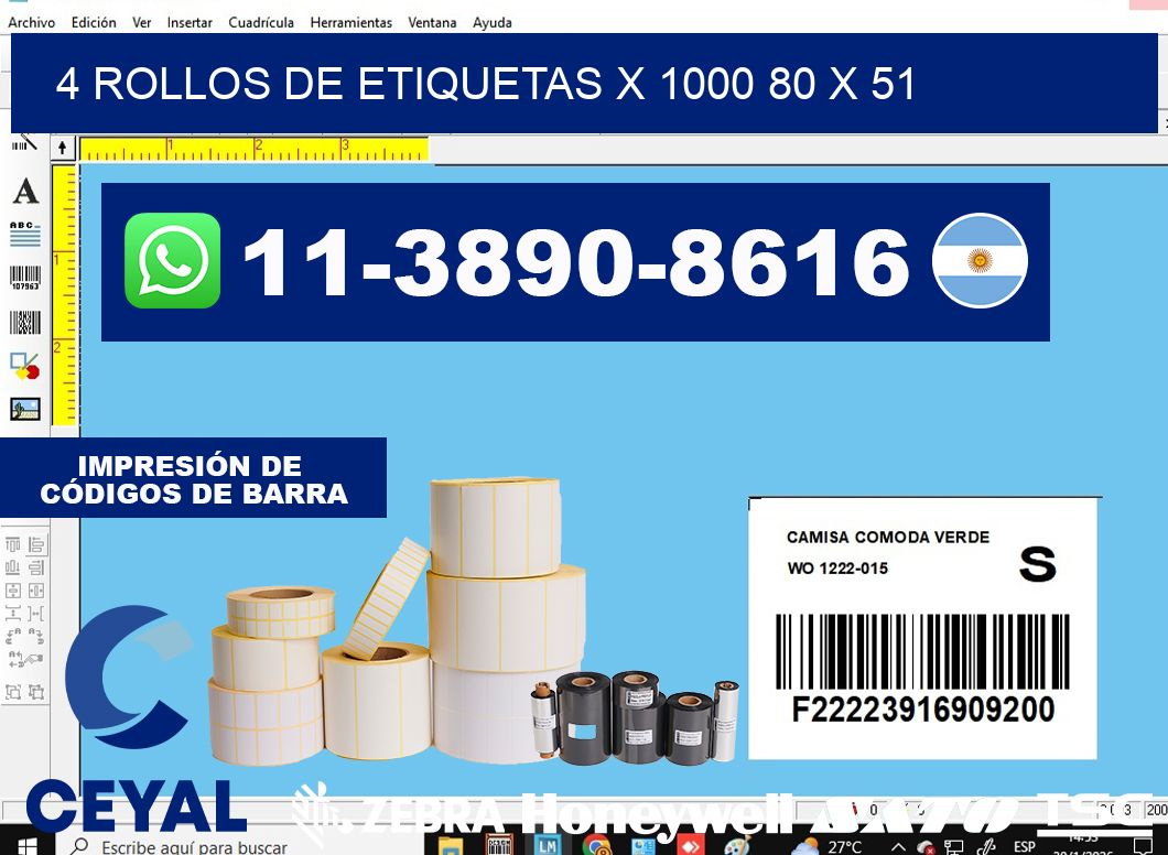 4 rollos de etiquetas x 1000 80 x 51