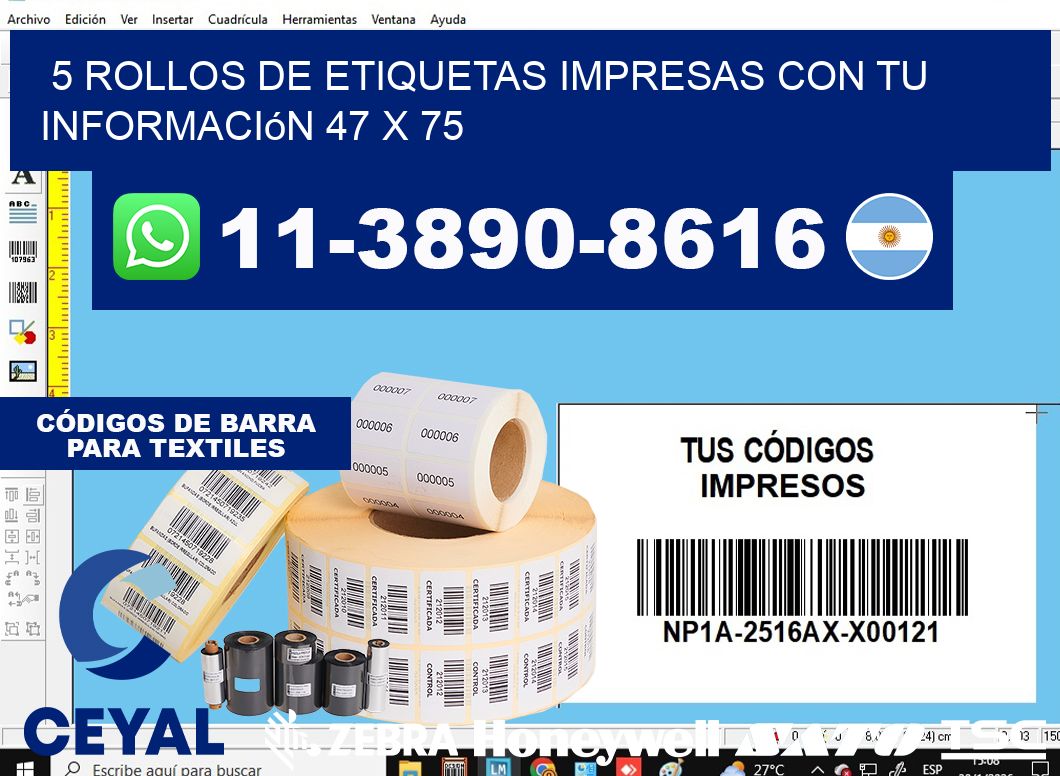 5 rollos de etiquetas impresas con tu información 47 x 75