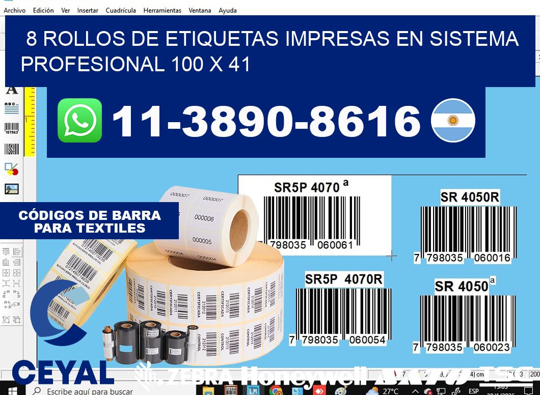 8 rollos de etiquetas impresas en sistema profesional 100 x 41