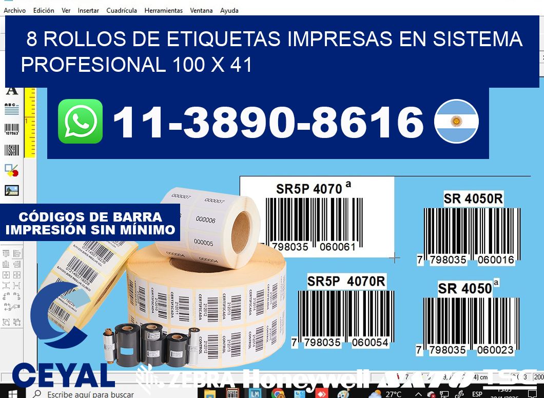8 rollos de etiquetas impresas en sistema profesional 100 x 41