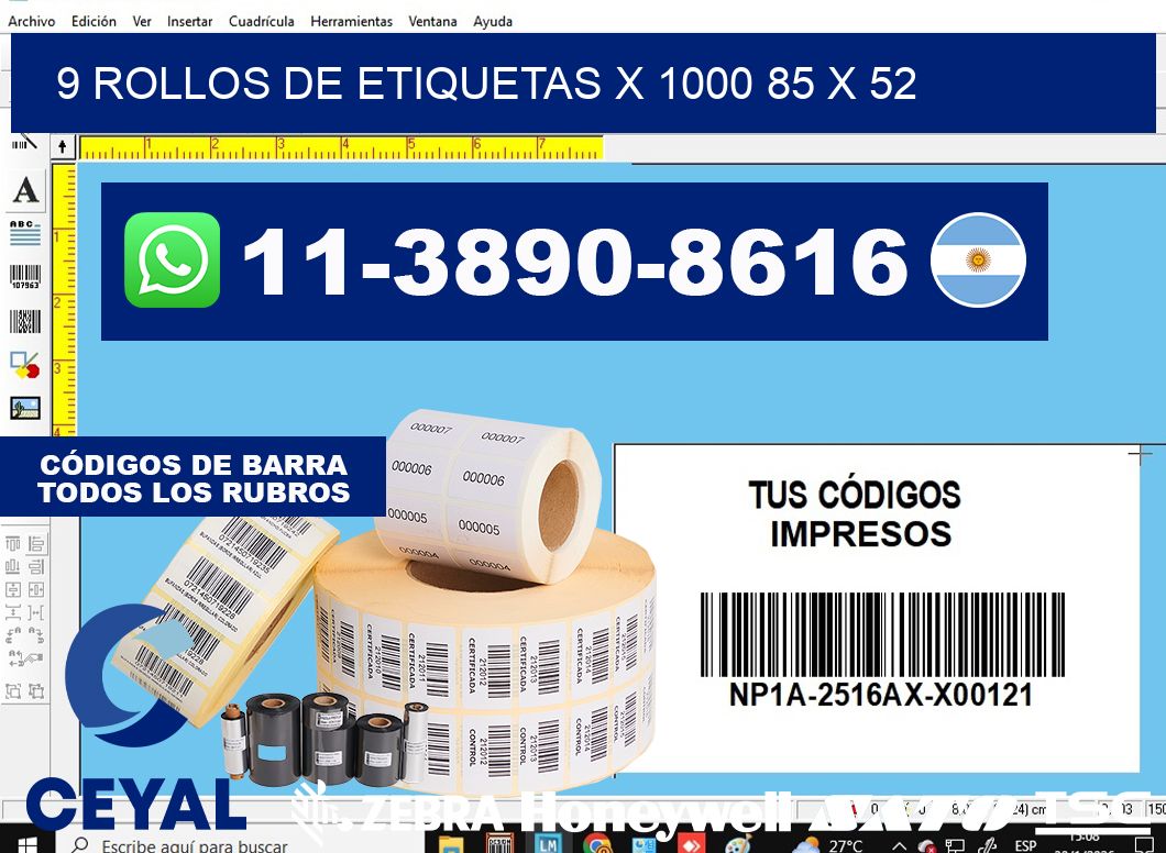 9 rollos de etiquetas x 1000 85 x 52
