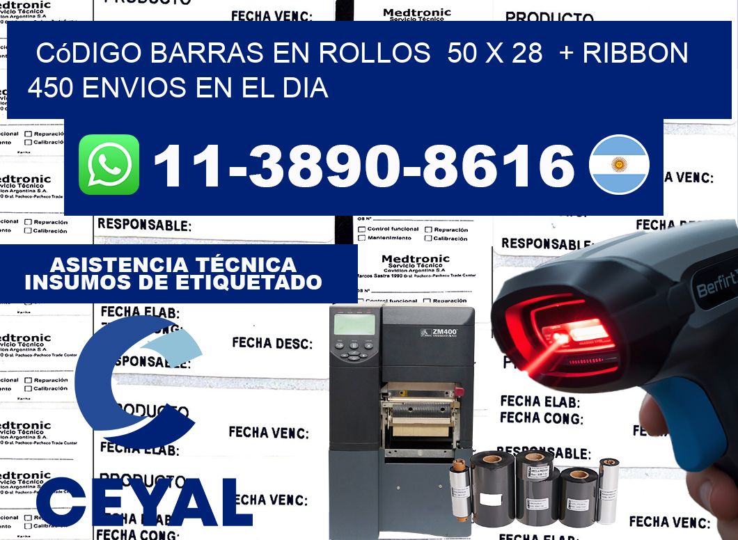 código barras en rollos  50 x 28  + ribbon  450 Envios en el dia