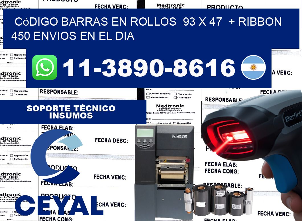 código barras en rollos  93 x 47  + ribbon  450 Envios en el dia