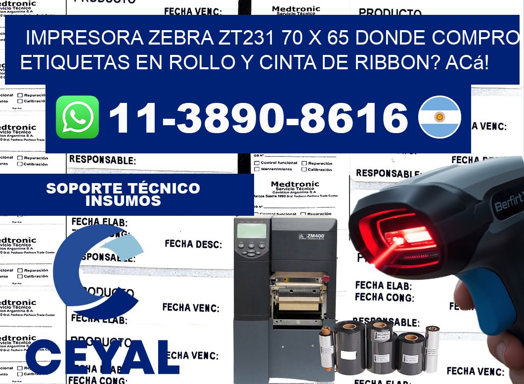 impresora zebra zt231 70 x 65 Donde compro etiquetas en rollo y cinta de ribbon? Acá!