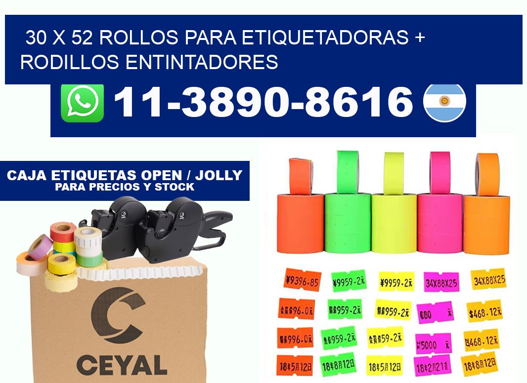 30 x 52 rollos para etiquetadoras + rodillos entintadores